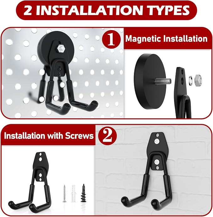 3-H Heavy Duty Magnetic Hooks, Large Magnet Hooks,4 Pack Black | No-Drill Tool Holder for Garage,Power Drill,Garden Tools,Hose Storage