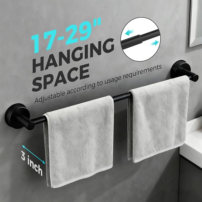Adjustable Suction Cup Towel Bar for Bathroom Wall,17 Inch~29 Inch Towel Racks for Bathroom,Stainless Steel Bath Towel Holder for Shower(Matte Black)