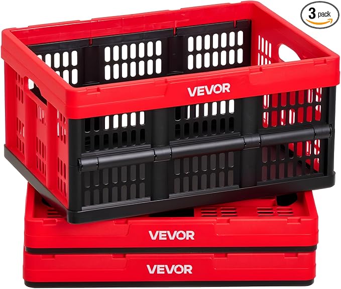 VEVOR Plastic Collapsible Storage Bins, 32L 3 Packs, Stackable Folding Storage Crates with Handles, Holds 26 lbs Per Bin, Foldable Heavy Duty Containers, Space-Saving Baskets, for Home Organizing