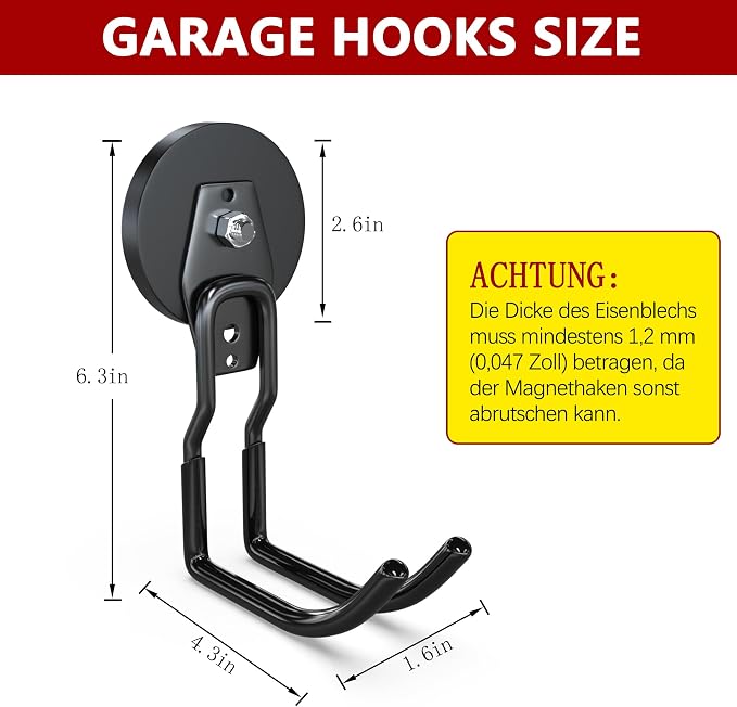 3-H Heavy Duty Magnetic Hooks,No-Drill Garage Power Tool Holder, 2 Pack | Patented Extended Right-Angle Support boosts load capacity. Works on iron & steel surfaces, perfect for workshop,shed