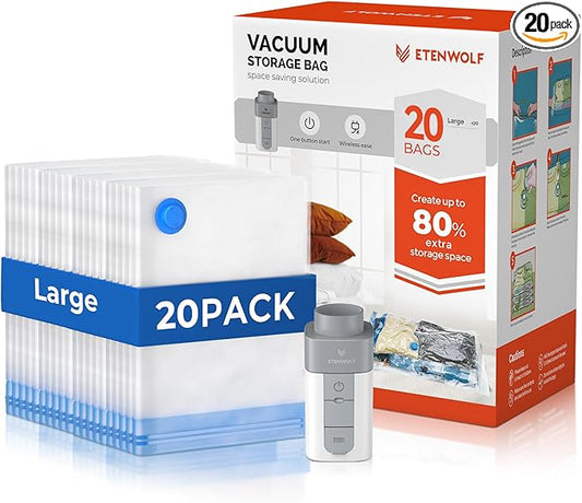 ETENWOLF 20 Large Vacuum Storage Bags for Travel with Wireless Pump | Vacuum Seal Bags for Clothing Travel, Compression Packing Bags for Clothes and Blankets, Space Saver Bags in Carry-On Sizes