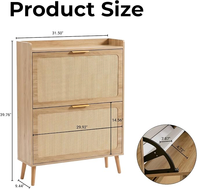 Shoe Cabinet, Rattan Shoe Storage Cabinet for Entryway with Flip Drawers | 2 Flip Drawers, Breathable Rattan, Odor Resistant, Hidden Shoe Organizer, Slim Space Saving, Narrow Cabinet, Entryway Storage