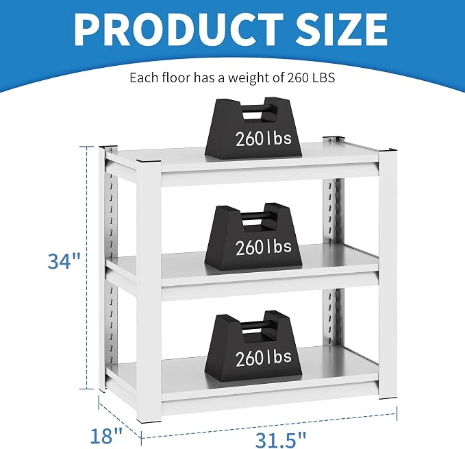 White 3-Tier Metal Shelving Heavy Duty Small Storage Racks, Utility Garage Shelving Organization for Basement Workshop Pantry Balcony