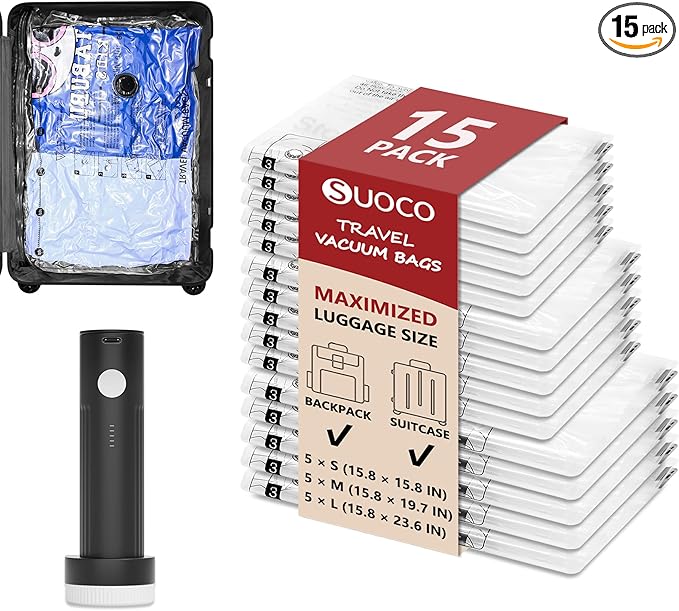Travel Vacuum Bags for Clothing with Rechargeable Electric Pump, Compression Packing Cubes Organizer Storage for Luggage Suitcase, Space Saver Seal Bags for Vacation Cruise, 15 Combo | Compression Packing Cubes Organizer Storage for Luggage Suitcase, S...