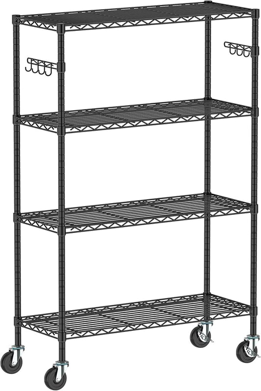 Folews 4-Tier Shelving Unit with Wheels, Metal Rolling Storage Shelves | NSF Certified, Adjustable Layer, Steel Wire Shelving Rack for Kitchen Garage Pantry Home Office, Black (14D x 36W x 57H)