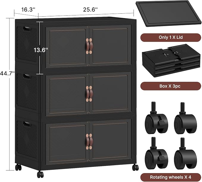 752QT Extra Large Stackable Storage Bins with Lids & Wheels | & Door,Total 188Gal for 3-Tier set Foldable Collapsible Closet Organizers, Plastic containers drawers for bedroom Dorm