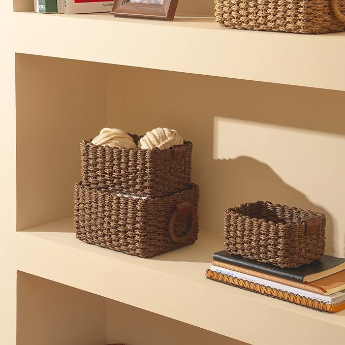 LA JOLIE MUSE Small Wicker Baskets For Organizing, Paper Rope, Brown 3 Pk | Decorative Organizer with Vegan Leather Tag, Round Handle, Storage Baskets for Shelves, Bedroom, Kitchen, Office and Home