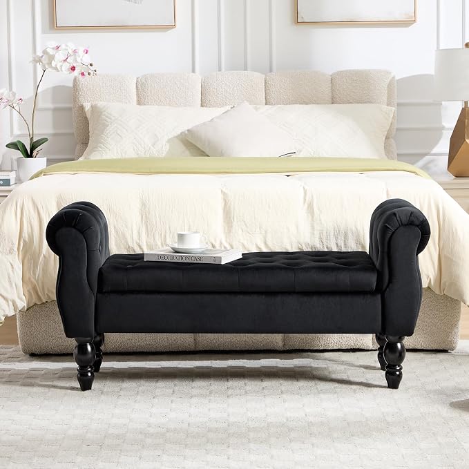 47″ Storage Bench with Arms End of Bed Bench,Velvet Entryway Bench with Storage, Button Tufted Upholstered Ottoman Bench Wood Legs, Window Sitting Bench for Bedroom/Living Room/Hallway, Black