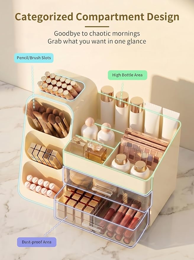 Booklov Large Makeup Organizer for Vanity Countertop, Cream | Clear Acrylic Cosmetic Display Case, Beauty Brush Holder for Bathroom Counter, Make Up Skincare Lipsticks Storage