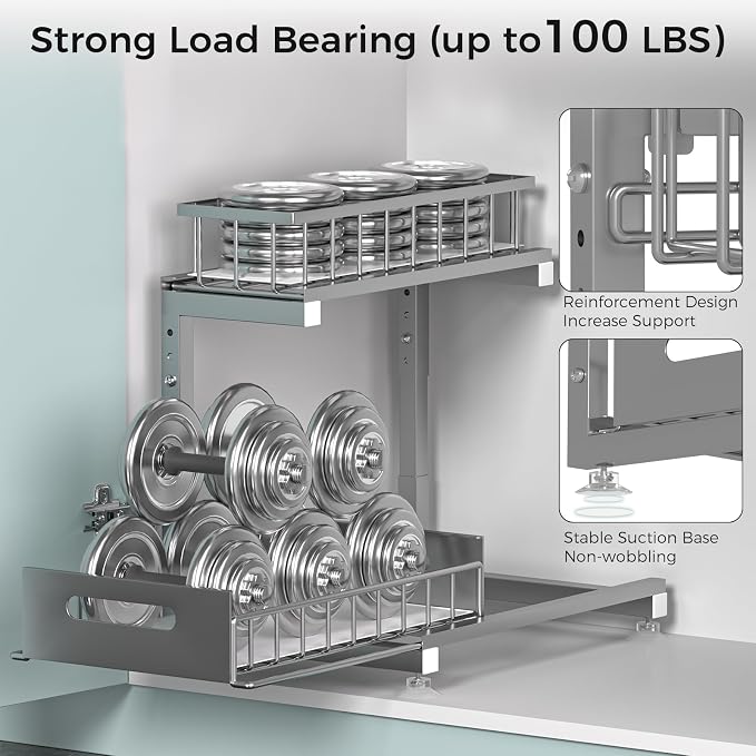 2-Pack L-Shaped Under Sink Organizer, 2-Tier Pull-out Cabinet Rack | Grey Height-Adjustable Metal Rack, Sliding Grid Drawers with Safety Stopper, Holds 100 Lbs, Ideal Kitchen Cabinet Storage