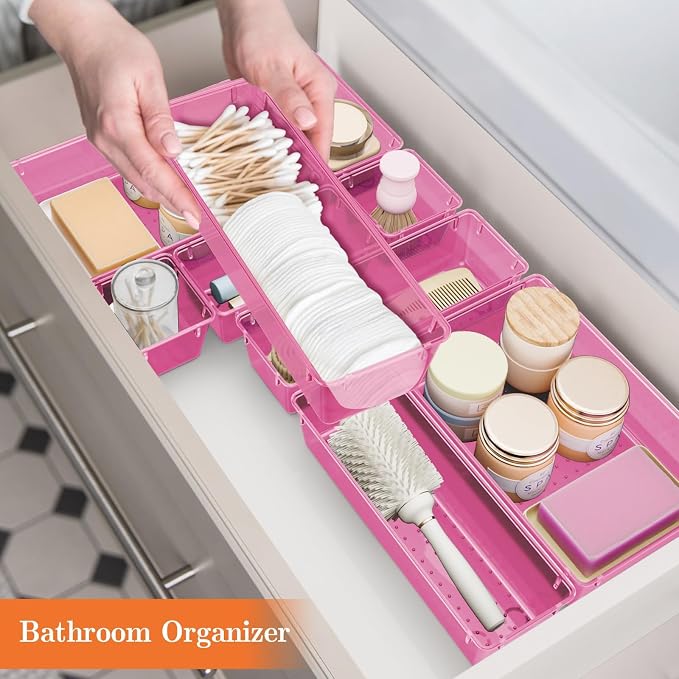 SpaceHacks 25 PCS Plastic Drawer Organizer Set, 4-Size Versatile Organizer Trays & storage Bins for Makeup, Jewelry, and Gadgets in Bathroom, Bedroom and Office, Clear Pink
