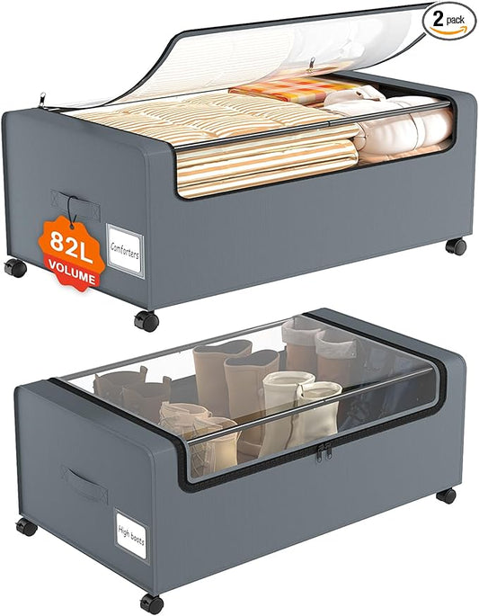 Webetop 12 Inch Under Bed Storage Containers, Rolling Organizer 2 Pack Grey | Transparent Cover, Reinforced Steel Frame, Smooth-Rolling Wheels, Easy Access, Seasonal Item Storage, Space Efficient