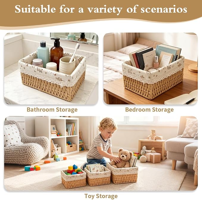 Small Wicker Basket 3-Piece Set: Handwoven Natural Paper Rope Storage Baskets for Organization, Storage, and Home Decor (Lined)