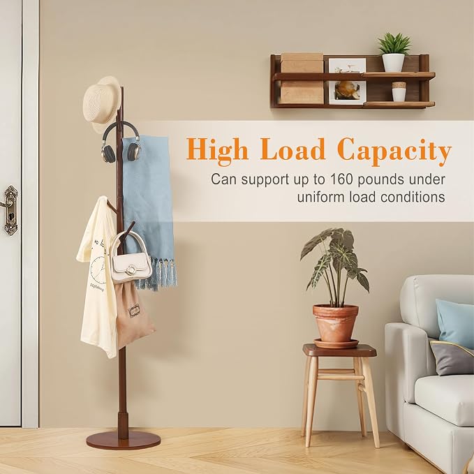 VECELO Coat Rack Freestanding, Entryway Hanger Stand, Umbrella Holder, Hall Tree With Hooks, Floor Standing Tree Stand,Walnut
