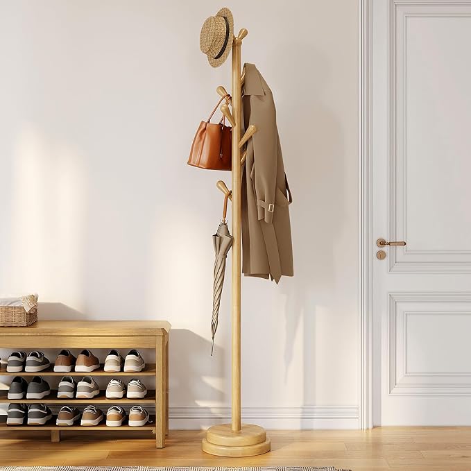 STARSAGA Solid Wood Coat Rack Freestanding Coat Tree with 8 Hooks | Adjustable Height Heavy Duty Coat Rack with Rounded Hooks & Dual-Layer Base, Holds Coats Hats Bags for Entryway, Bedroom