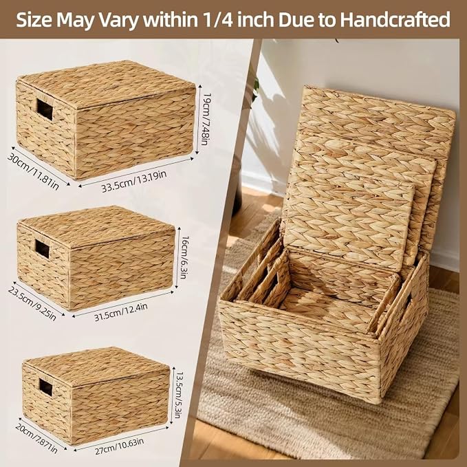 Wicker Storage Baskets with Lids,Multi-size 3 Pack Natural Water Hyacinth Wicker Nesting Baskets,Decorative Storage Ratten Boxes for Organizing,Storage,and Gifts
