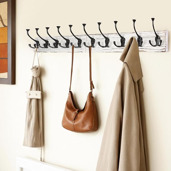 IBosins Vintage White Wall Mounted Coat Rack, 34" Long with 10 Tri-Hooks | Heavy Duty, Wooden Coat Hanger Wall Mount, Rustic Coat Hooks Rail for Entryway, Living Room, Coat, Scarf, Bag, Towel, Hat