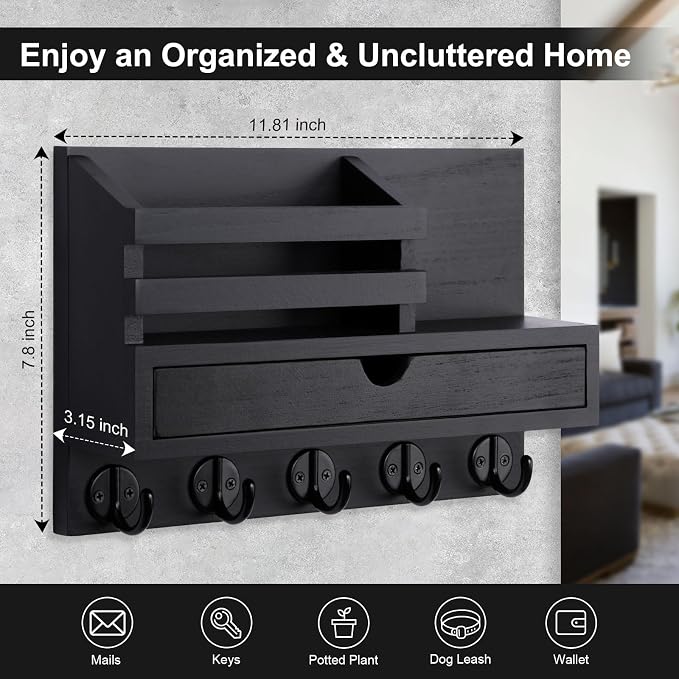 Key Holder Wall Mount, Mail Holder with Storage Drawer and 5 Key Hooks for Coat, Dog Leash, Home Decor Rack, House Accessories, Entry Way Organizer