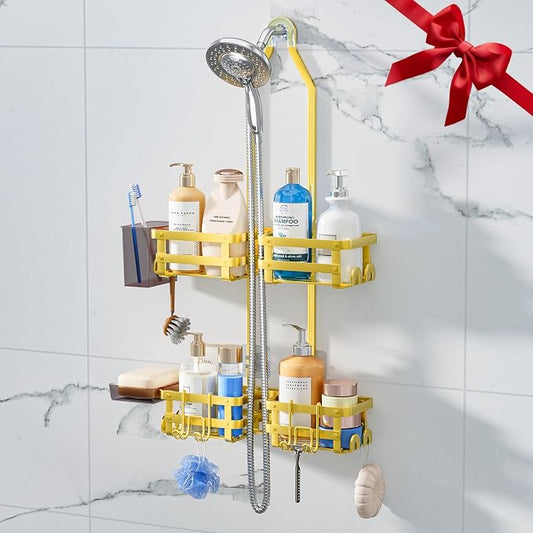 GAOKASE Aluminum Shower Caddy Hanging, Never Rust Shower Organizer | 4 Levels with adjustable Height 10 Hooks for Razor/Sponge - Rack with Soap Basket (Gold)