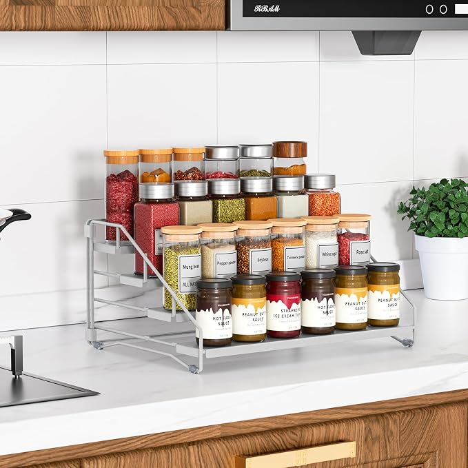 Spice Rack Organizer for Cabinet, Depth Adjustable 4 Tier Spice Rack,1 Pack | Silver, Metal Spice Organization for Cabinet, Easy Visibility, Tiered Spice Rack Perfect for Cabinet, Pantry and Countertop