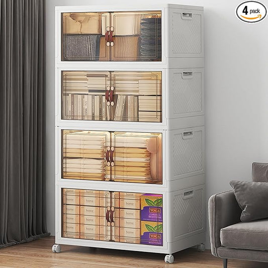 UAMFURI Stackable Storage Bins with Lids, 480QT Lockable Storage Cabinet | Folding Storage Box with Doors and Wheels, Collapsible Plastic Drawers for Home, Garage, Office