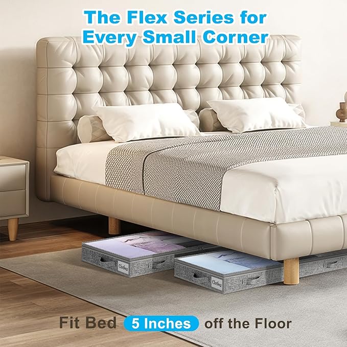5 Inch Low Profile Under Bed Storage Drawer 4 Pack, Lightweight Underbed Clothes Storage Container Bins With NO STURCTURE, Shallow Storage Bag for Dorm & Home, With Clear Lids & Water-Resistant Fabric
