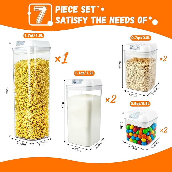 Clear Airtight Food Storage Containers, 7-Piece Set | BPA-free plastic kitchen pantry organization canisters. Stackable design ideal for cereal, spaghetti, and pasta storage.