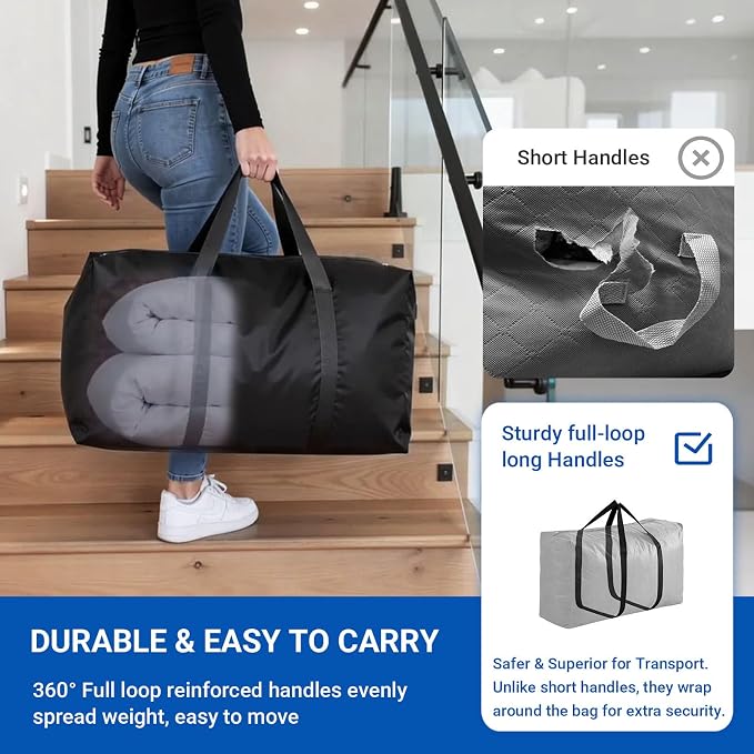 Extra Large Moving Bags, 6 Pack Black Oversized Storage Totes with Strong Zipper & Reinforced Full Loop Handles, Collapsible Storage Bags for Space Saving, for King/Queen Comforter, Blankets & Clothes
