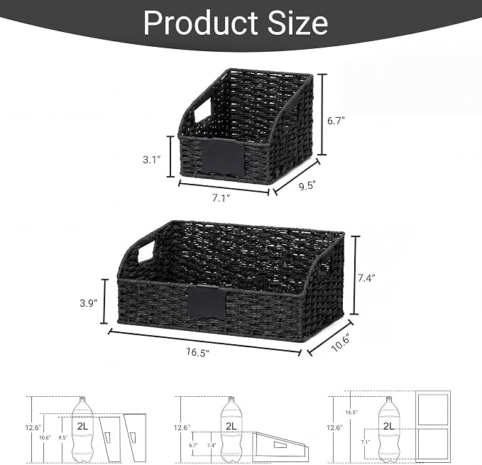 Pantry Organizers, Handwoven Large Wicker Baskets for Shelves, Labeled Storage Baskets for Organizing with Handles - Paper Storage Bins, Boho Decorative, 3 Pack, Black