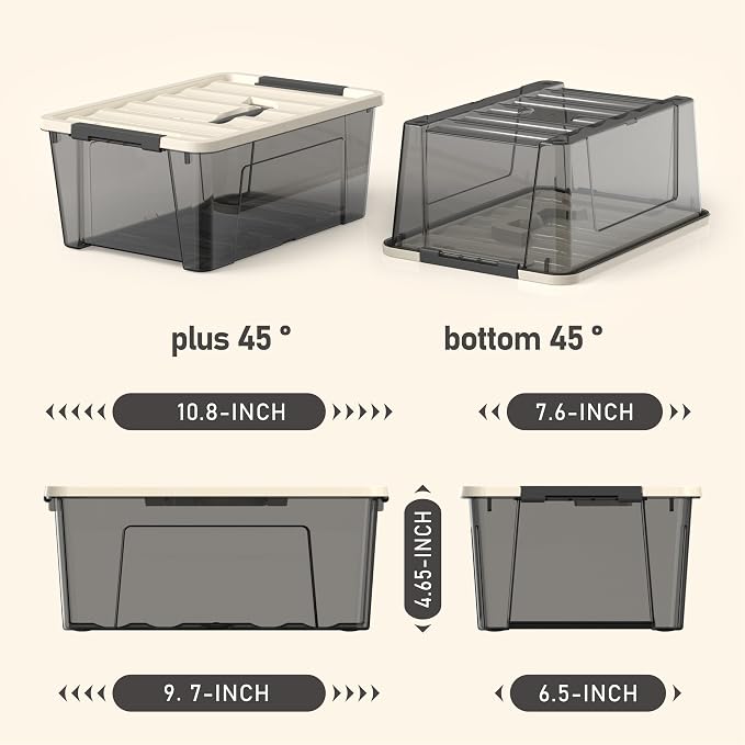 8 Pack Clear Black Plastic Storage Bins with Khaki Lids, Small Latching Storage Boxs with Handle, Stackable Containers for Organization (5 Quart)