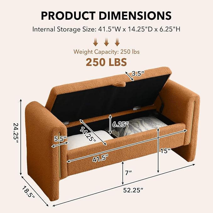52" Flip-Top Storage Ottoman Bench, Teddy Entryway Bench (Coffee) | Teddy Fleece Upholstered End of Bed Bench with Armrests, Soft Padded Window Bench for Living Room Bedroom Entryway