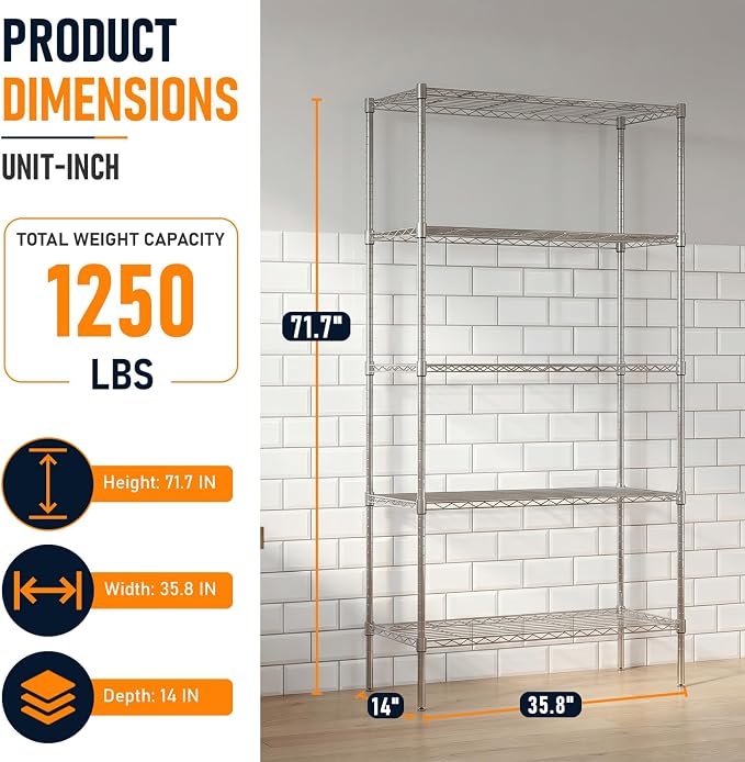 FDW | 5-Tier Wire Shelf | 36" x 14" x 72" | Chrome | Storage Shelves with Adjustable Racks, Holds upto 1250 lbs | Rust-Resistant, No-Tool Assembly | For Home, Garage