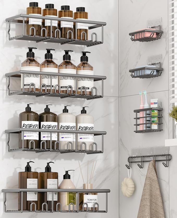 8 Pack Adhesive Rustproof Shower Caddy with Soap Dishes, Toothbrush Holder & Hooks, Large Capacity No-Drilling Shower Shelves Rack for Bathroom Organizers and Storage Accessories, Dark Gray