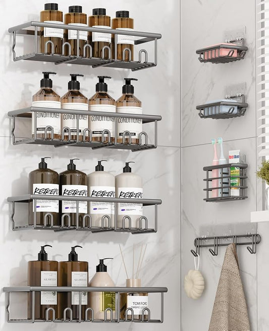 8 Pack Adhesive Rustproof Shower Caddy with Soap Dishes, Toothbrush Holder & Hooks, Large Capacity No-Drilling Shower Shelves Rack for Bathroom Organizers and Storage Accessories, Dark Gray