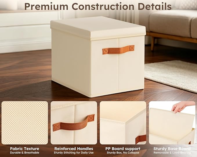 Homsorout Storage Bins with Lids - Fabric Storage Baskets for Shelves, 6 Pack Foldable Decorative Boxes with Handles, Stackable Organizer Bins for Home, Nursery, Dorm, Beige