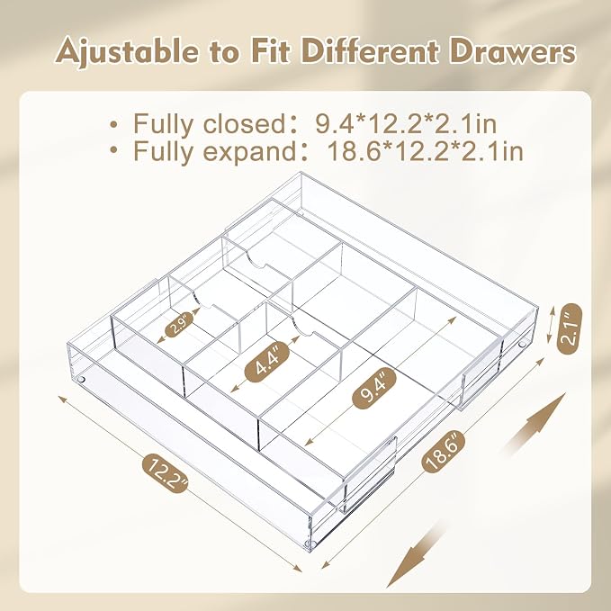 Briwooody Clear Acrylic Drawer Organizer Expandable,8 Compartments,Large | 9'' up to 18'' x 12'' x 2.1'' Desk Drawer Organizer Trays Adjustable with Desk Accessories for Makeup Office Bathroom