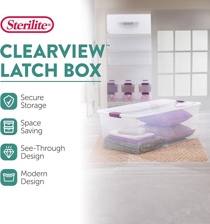 Sterilite 4-Pack 110 Quart ClearView Latch Box, Stackable Organizer Bins with Latching Lids - Clear Plastic Organization Containers for Closet, Bedroom, Shelving Units and Everyday Home Storage | Clear Plastic Organizers with Color Accent Latches for C...