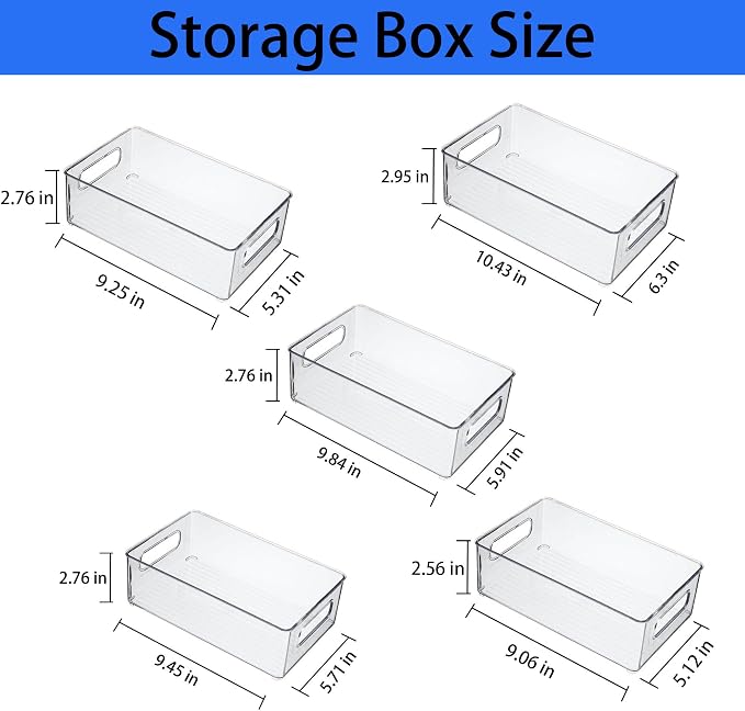 Refrigerator Organizer Bins 5 Pack Stackable Fridge Organizers with Handles Clear Freezer Storage Containers for Pantry, Cabinets,Shelves, Drawer – BPA-Free Plastic Kitchen Organizers