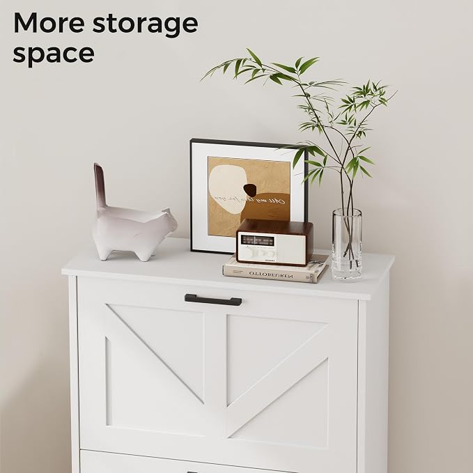 Homleke Farmhouse Shoe Cabinet for Entryway, 2 Barn-Style Flip Drawers | Narrow Shoe Storage Organizer, Top Display Shelf, Adjustable Shelves, Shoe Rack, for Hallway Closet, 24" Wide, White
