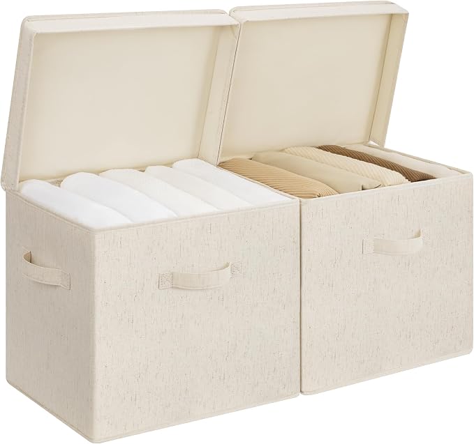 StorageWorks Storage Bins with Lid, Decorative Fabric Storage Bins with Handles, Stackable Closet Organizers for Shelves and Bedroom, Small, Beige(Natural Fabric), 2-Pack