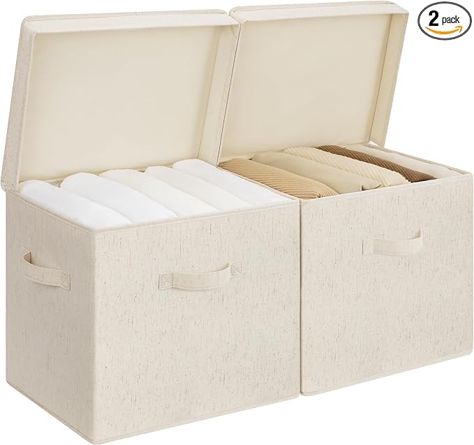 StorageWorks Storage Bins with Lid, Decorative Fabric Storage Bins with Handles, Stackable Closet Organizers for Shelves and Bedroom, Large, Beige(Natural Fabric), 2-Pack
