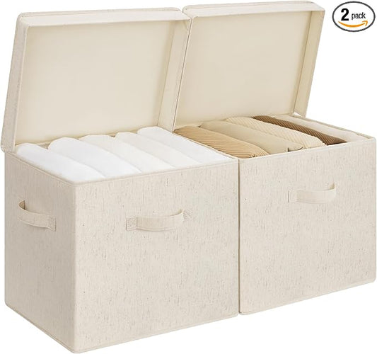 StorageWorks Storage Bins with Lid, Decorative Fabric Storage Bins with Handles, Stackable Closet Organizers for Shelves and Bedroom, Large, Beige(Natural Fabric), 2-Pack