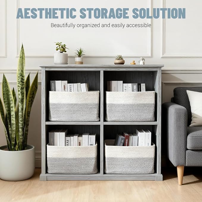 5 Pack Woven Storage Baskets for Shelves, Decorative Basket Closet Organizer Storage Bins for Clothes, Books, Pantry, Bathroom – Cotton Rope Shelf Baskets for Organizing and Decor, Gray & White