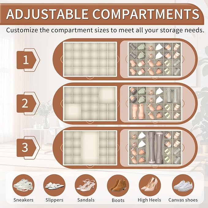 Foyego 2 Pack Shoe Organizer for Closet, Shoe Storage with Wheels, Beige | Fits 48 Pairs, with Adjustable Dividers and Clear Cover, Saving Space Foldable Fabric Closet Shoe Storage Organizer Box Bins