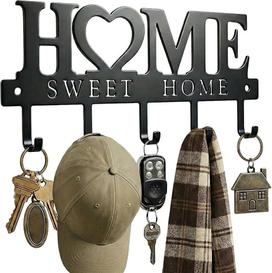 Entryway Key Holder Wall Mount with 5 Hooks, 13" Metal “Sweet Home” Key Rack Organizer for Wall, Decorative Key Hanger for Entryway, Hallway & Mudroom, Housewarming Gift, Black