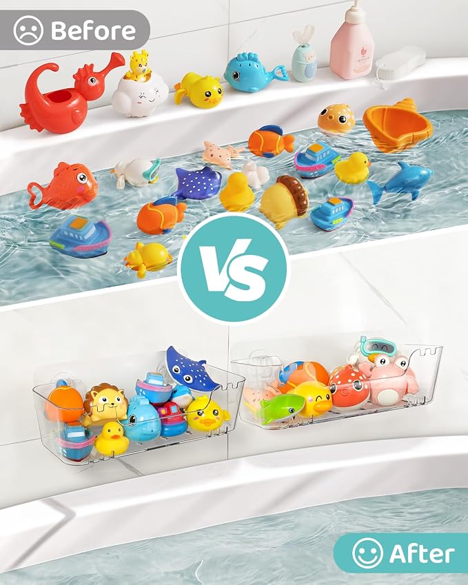 Bath Toy Storage Organizer 2+2 Pack, Bath Toy Holder with Drain Holes | Durable Plastic Bathtub Toy Storage for Bathroom, Quick-Dry Drainable Shower Caddy, Easy to Clean (Clear 2+2 Pack)