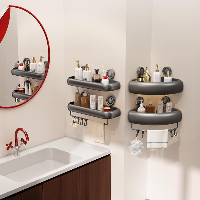 CICUFY Shower Caddy Suction Cup, 1 Pack No Drilling Corner Shower Shelves, Rust Proof Bathroom Storage Organizer, Shower Corner Caddy with Removable Hooks and Towel Bar, Square, Grey