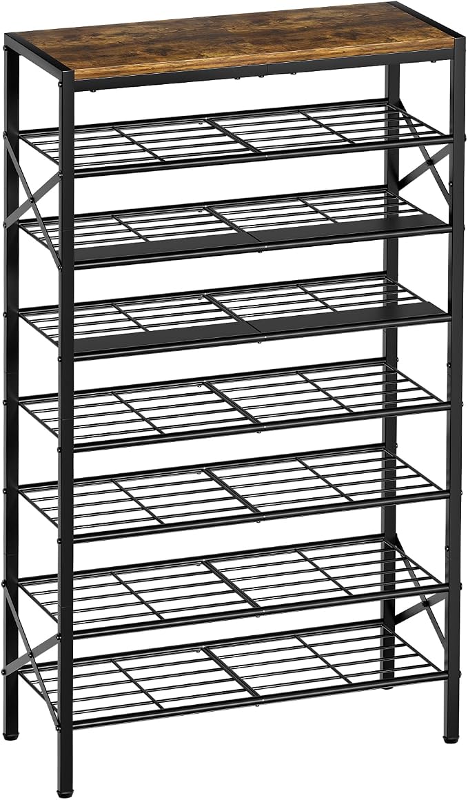 8 Tier Metal Shoe Rack with Wood Top, 24-32 Pairs Rustic Brown | 52in tall maximizes vertical space. 2 iron sheets for heels. Remove a layer for tall boots. Versatile for home.