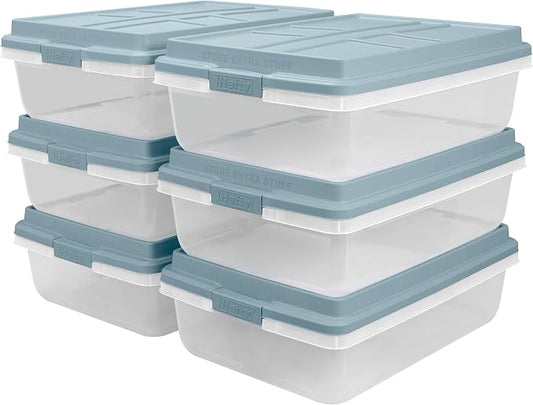 Hefty 40 Quart Hi-Rise Storage Bin with Lid, Stackable Plastic Container Tote for Home, Office, and Classroom Organization, 6 Pack, Smoke Blue