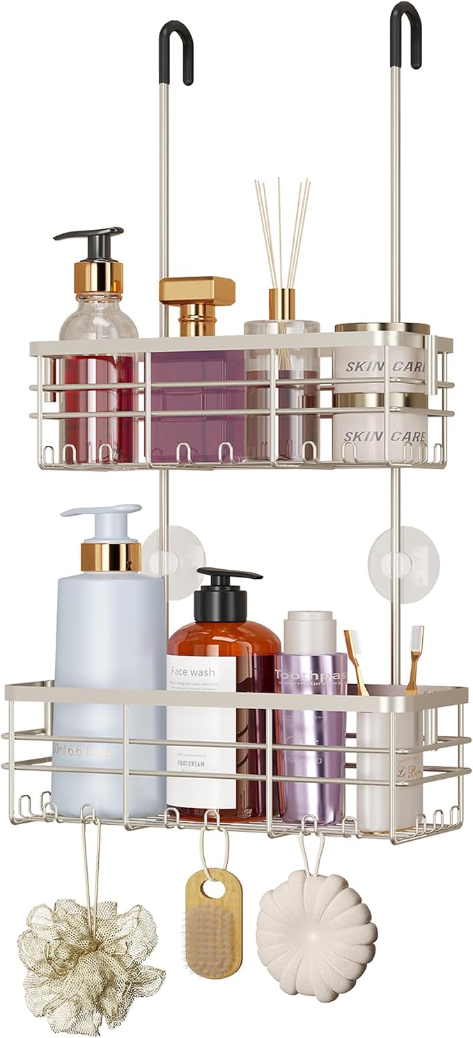HapiRm Shower Caddy Organizer Hanging - No Drilling Shower Rack with Hooks | For Renters & Small Bathrooms, No Drilling 2-Tier Shelves, Rustproof 304 Stainless Steel, Brushed Nickel